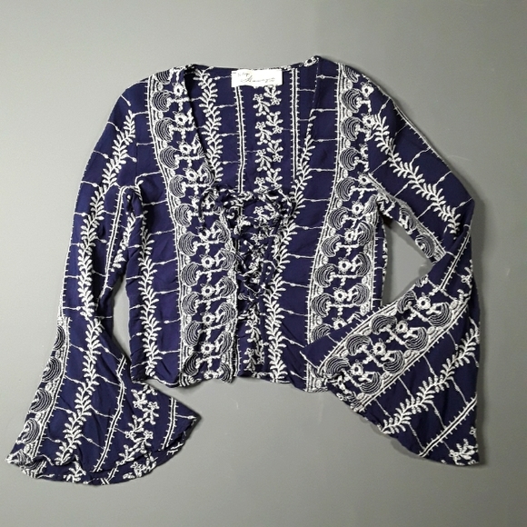 Vintage Havana Embroidered Lace-up Top with Bell Sleeves. Navy  Boho - Picture 1 of 5
